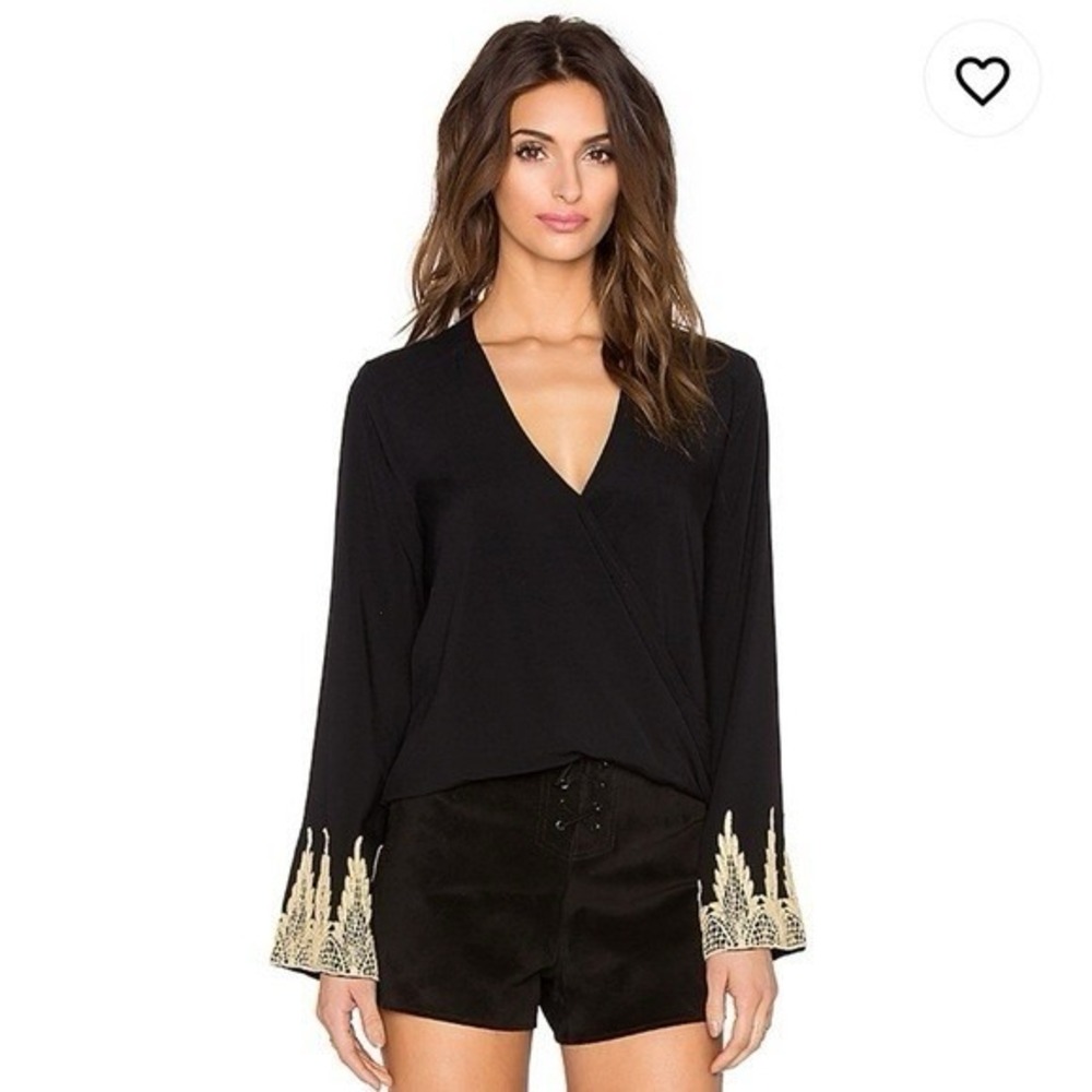 BLUE LIFE Black Wrap Top Flare Long sleeves Gold Embroidery Soft S Boho Beach
